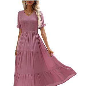 Kranda Women V Neck Short Puff Sleeve Solid Smocked Ruffle Pleats Midi Dress
